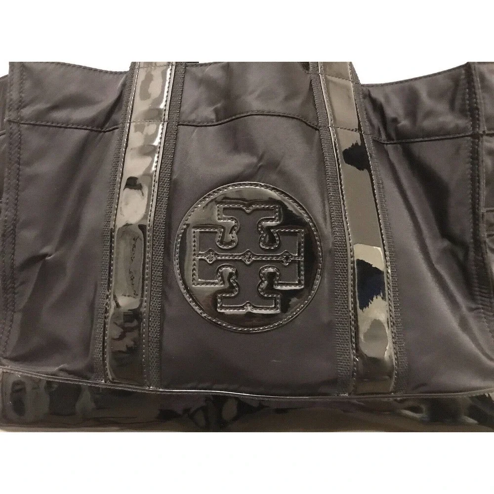 Tory Burch Tote Bag Black Patent Leather Nylon Large - Picture 3 of 16